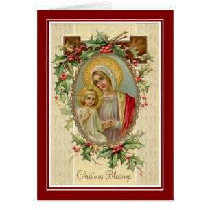 Virgin Mary & Jesus Christmas Holly Berries & Ivy Cards