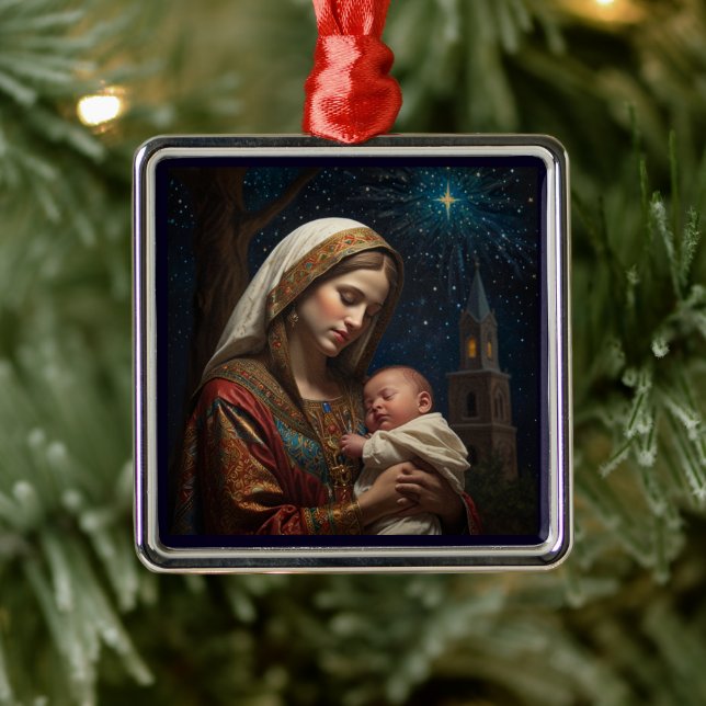 Virgin Mary & Jesus Christmas Nativity Metal Ornament (Tree)