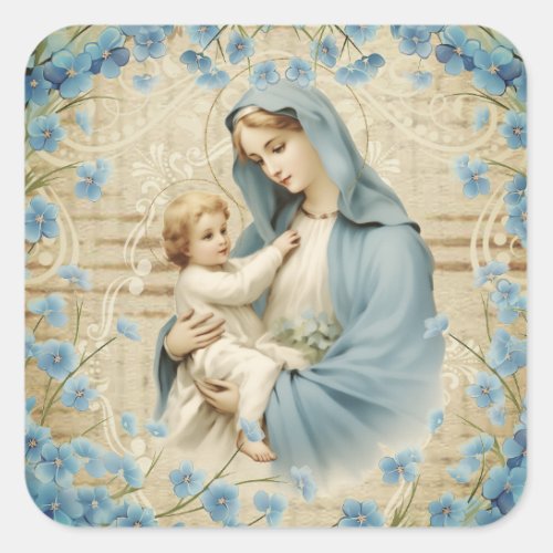 Virgin Mary Jesus Lamb Vintage Blue Floral Square Sticker