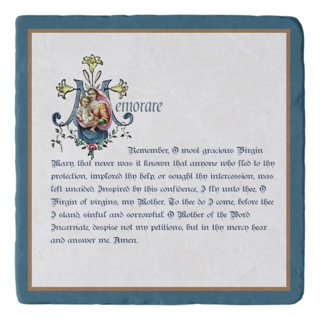 Virgin Mary & Jesus Memorare Prayer Floral  Trivet (Front)