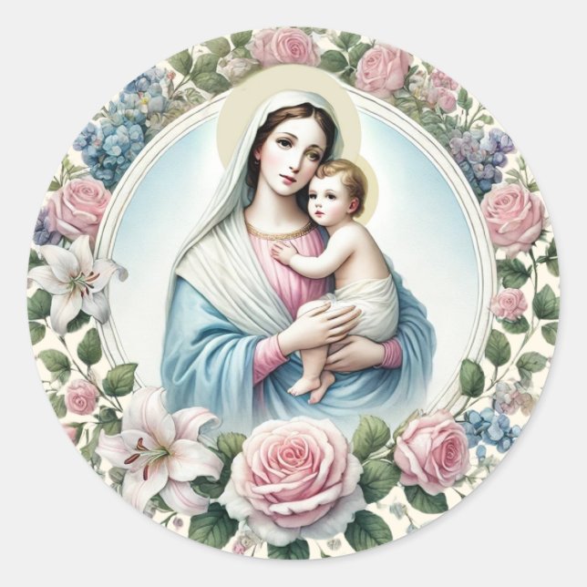 Virgin Mary Jesus Pink Roses Catholic  Classic Round Sticker (Front)