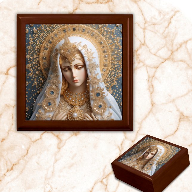 Virgin Mary Keepsake Box – 3D Religious Art (Wooden Keepsake Box with The Virgin Mother Mary in opulent faux 3D effect with gold and pearls, blue)