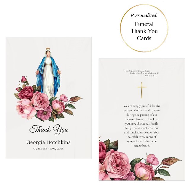 Virgin Mary Large Red Roses Catholic Funeral Thank You Card (Creator Uploaded)