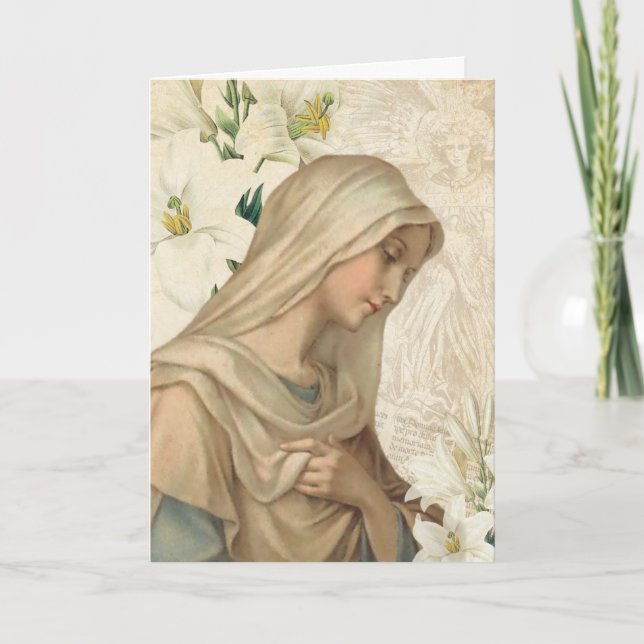 Virgin Mary Lilies Religious Angel Vintage Card (Front)
