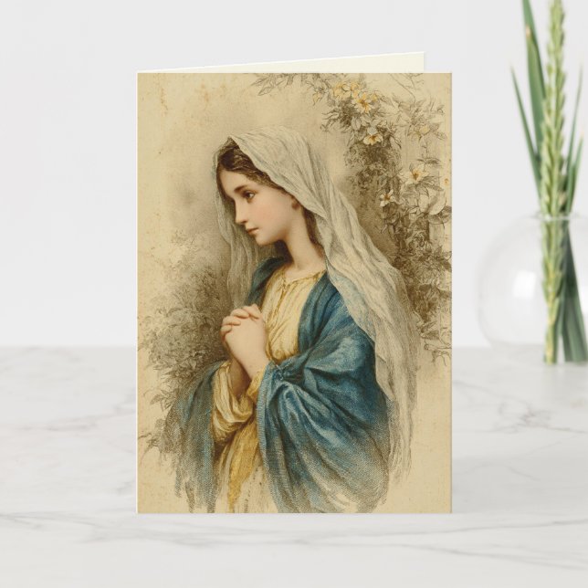 Virgin Mary Lilies Religious Vintage Scripture Card (Front)