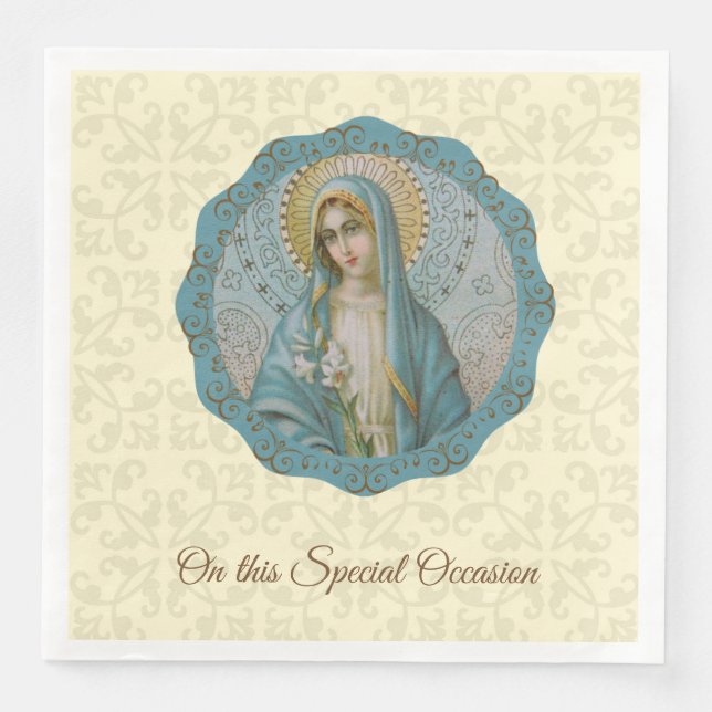 Virgin Mary Lily Blue Turquoise Gold Mother Paper Dinner Napkins (Front)