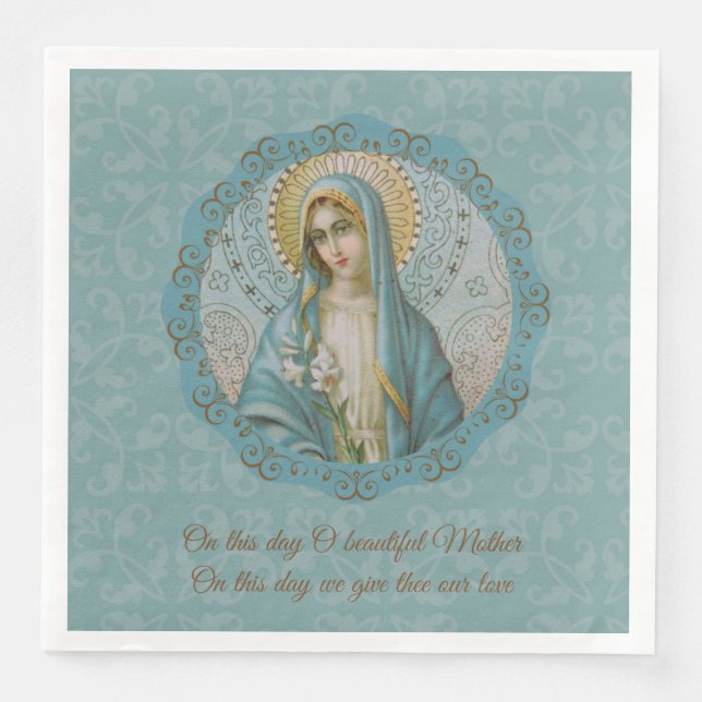 Virgin Mary Lily Blue Turquoise Gold Mother Paper Dinner Napkins (Front)