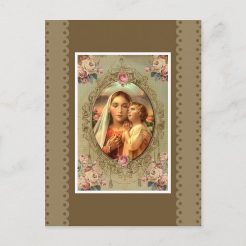 Virgin Mary Madonna Child Jesus Rosary Roses Postcard