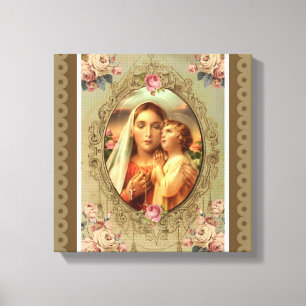 Virgin Mary Madonna Child Jesus Roses Rosary Canvas Print