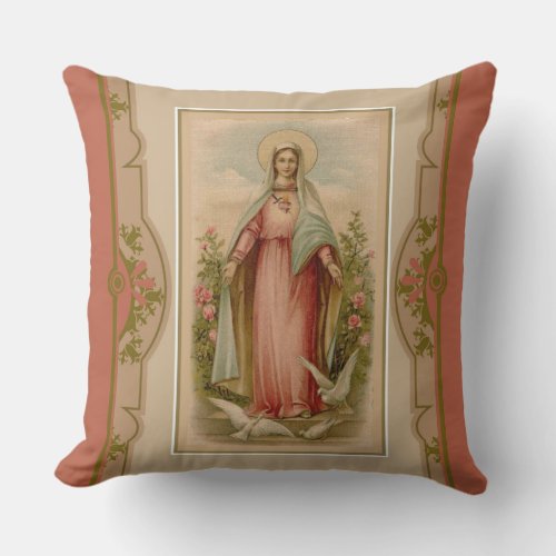 Virgin Mary Madonna with doves  flowers Throw Pillow