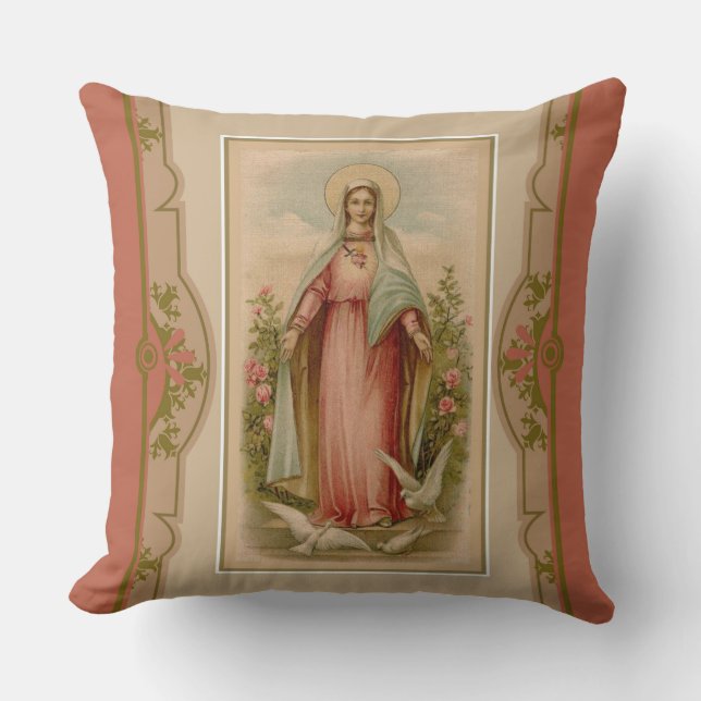 Virgin Mary Madonna with doves & flowers Throw Pillow (Front)