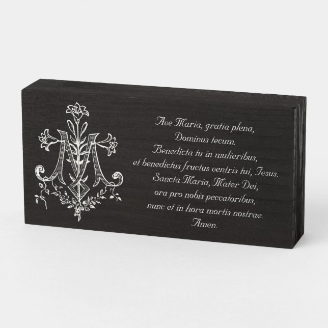 Virgin Mary Monogram Hail Mary Ave Maria Prayer Wooden Box Sign (Angled Horizontal)