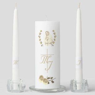 Virgin Mary Monogrammed Wedding Unity Candle Set