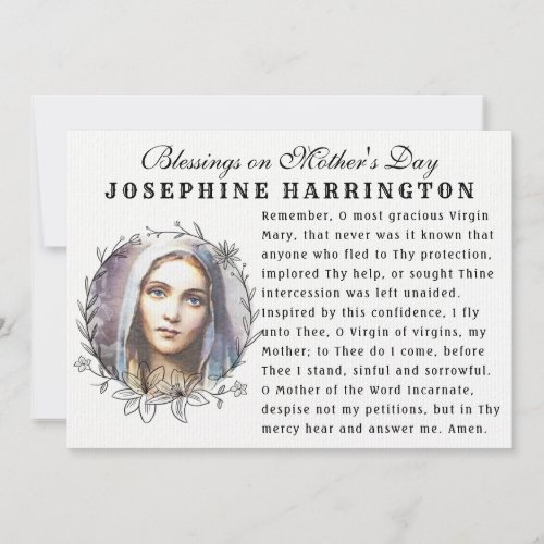 Virgin Mary Mothers Day Catholic Memorare Prayer  Card