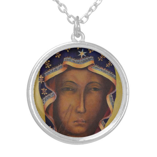 Virgin Mary Our Lady Black Madonna Catholic Art Silver Plated Necklace (Front)