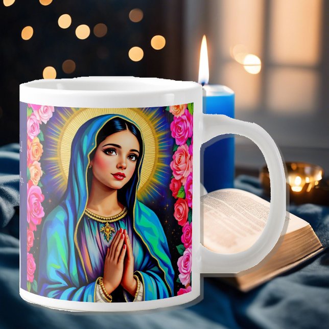 Virgin Mary Prayer Rose Floral Blue Coffee Giant Coffee Mug (Creator Uploaded)