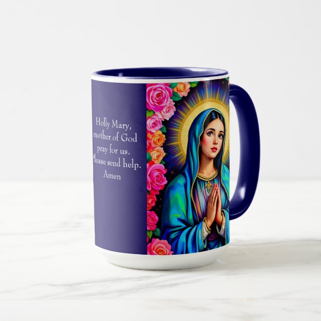 Virgin Mary Prayer Rose Floral Blue Coffee Mug (Front Right)