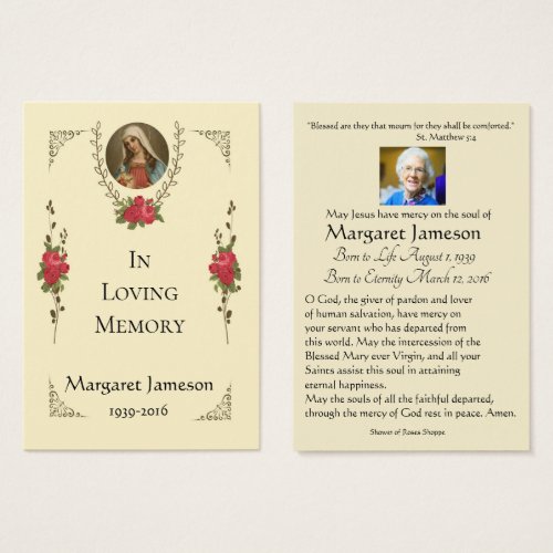 Virgin Mary Red Roses Funeral Memorial Holy Card _