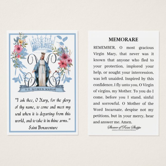 Virgin Mary Religious Catholic Memorare Prayer (Front & Back)