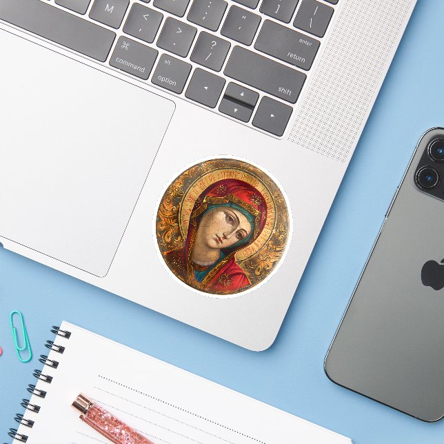 Virgin Mary Religious Christian Vinyl Sticker (Laptop w/ iPhone)