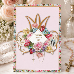 Virgin Mary Religious Roses Rosary Floral Catholic Card