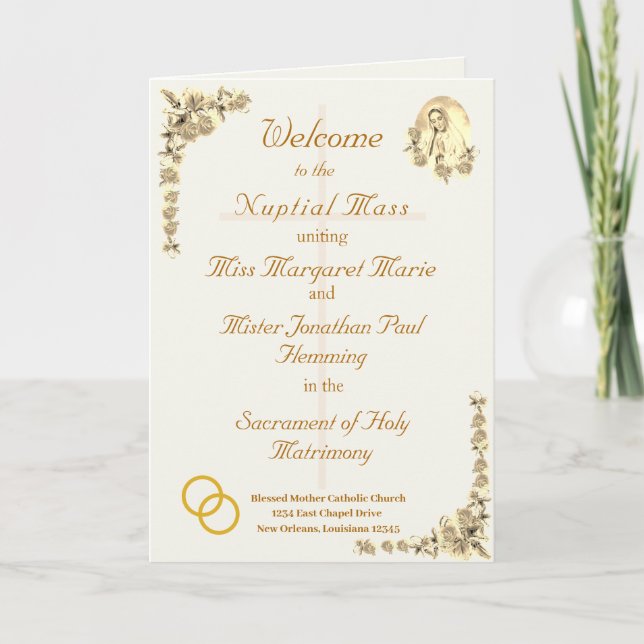 Virgin Mary Sepia Catholic Wedding Program (Front)