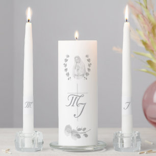 Virgin Mary Silver Monogrammed Wedding Unity Candle Set
