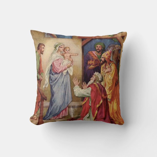 Virgin Mary, Three Kings, Jesus, St. Joseph, Magi Throw Pillow (Front)