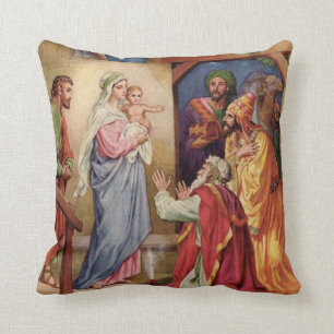 Virgin Mary, Three Kings, Jesus, St. Joseph, Magi Throw Pillow