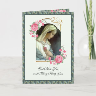 Virgin Mary Vintage Religious Pink Roses Scripture Card