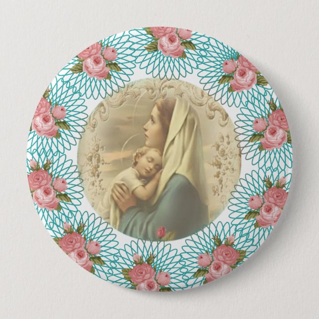 Virgin Mary w/baby Jesus Spirals & roses Pinback Button (Front)