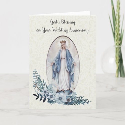 VIRGIN MARY  WEDDING ANNIVERSARY  BLUE FLOWERS CARD