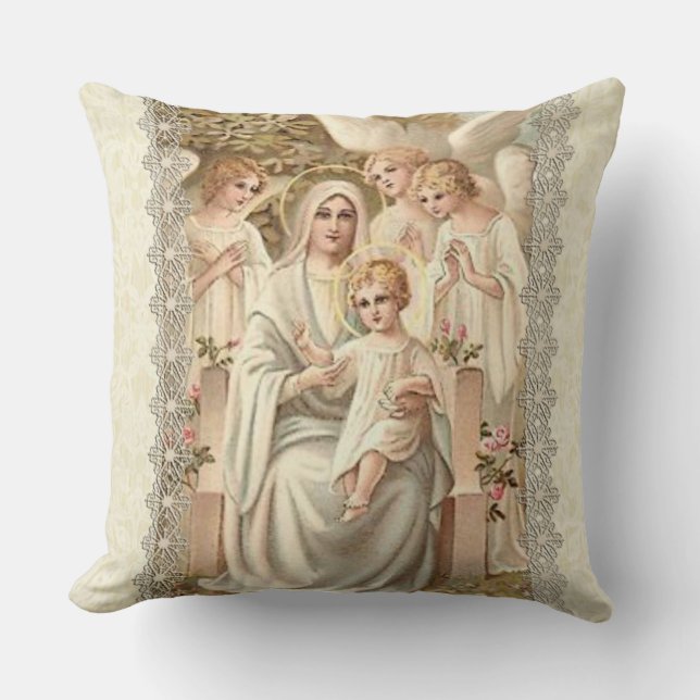 "VIRGIN MARY WITH ANGELS & BABY JESUS THROW PILLOW (Front)