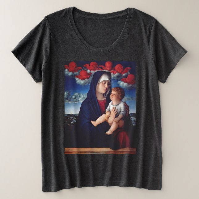 Virgin Mary with Baby Jesus and red cherubs Plus Size T-Shirt (Design Front)