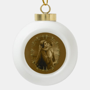Virgin Mary with Child Jesus, Gold Border Design Ceramic Ball Christmas Ornament