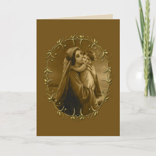 Virgin Mary with Child Jesus, Gold Border Design Holiday Card