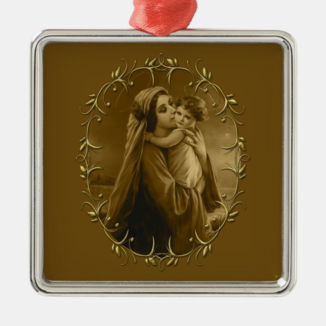 Virgin Mary with Child Jesus, Gold Border Design Metal Ornament (Front)