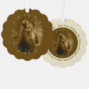 Virgin Mary with Child Jesus, Gold Border Design Ornament Card