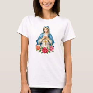 Virgin Mary With Rosary Catholic Floral T-Shirt