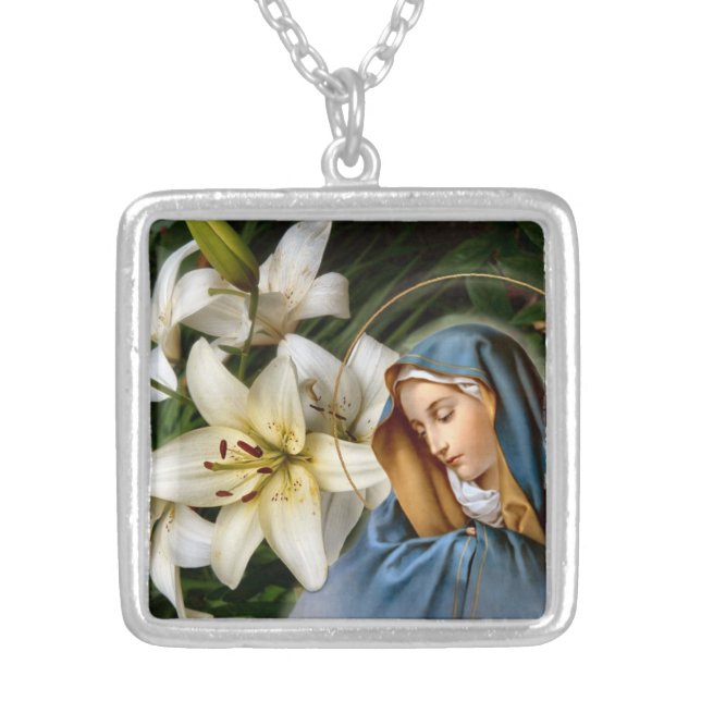 Virgin Mary with White Lilies Silver Plated Necklace (Front)