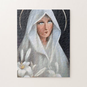 Virgin Mary with White Mantle and Lilies Jigsaw Puzzle
