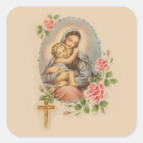 Virgin Mother Mary and Baby Jesus Rosary  Roses Square Sticker