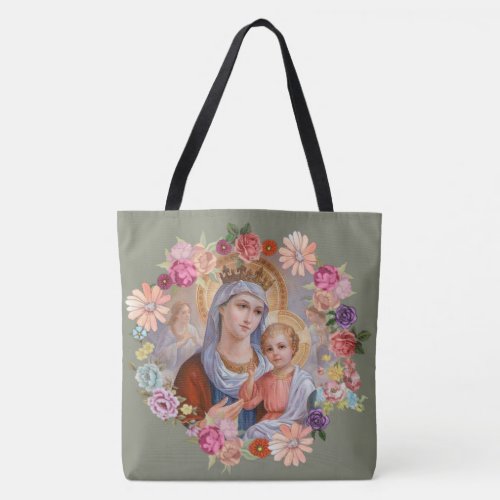 Virgin Mother Mary Baby Jesus Floral Angels Crown Tote Bag