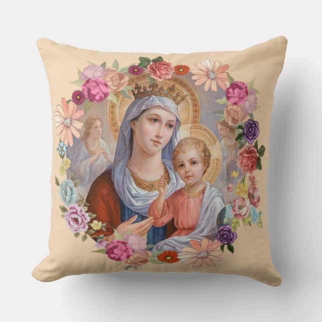 Virgin Mother Mary Baby Jesus Floral wreath Crown Throw Pillow (Front)
