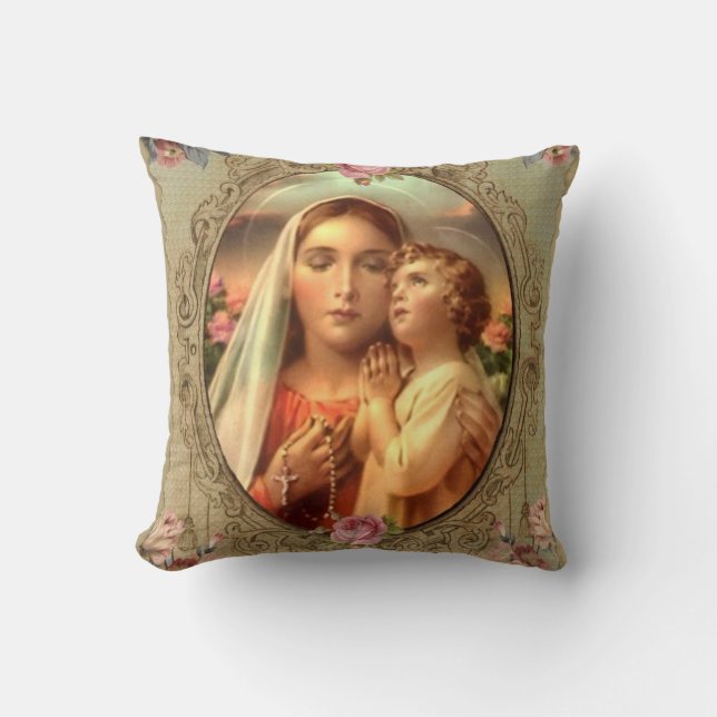 Virgin Mother Mary Baby Jesus Gold Rosary Roses Throw Pillow (Front)