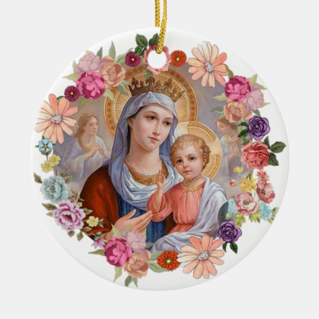 Virgin Mother Mary Crown Baby Jesus Angels Flowers Ceramic Ornament (Front)
