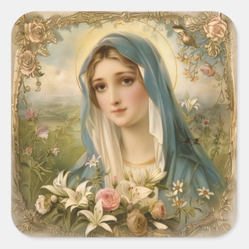 Virgin Mother Mary Floral vintage Catholic Square Sticker