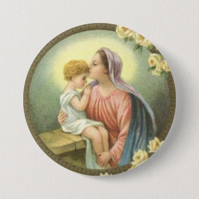 Virgin Mother Mary kissing the Baby Jesus Roses Button (Front)
