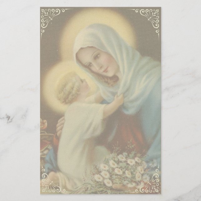 Virgin Mother Mary with Baby Jesus Daisies Stationery (Front)
