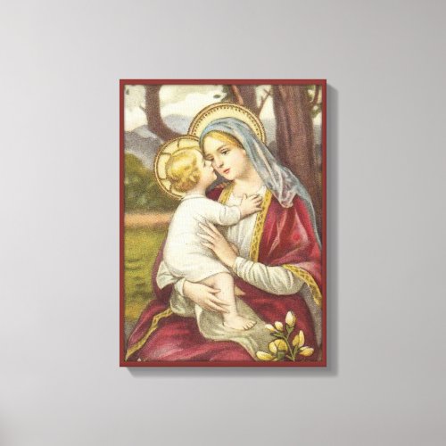 Virgin Mother Mary with Baby Jesus Flower Red Canvas Print